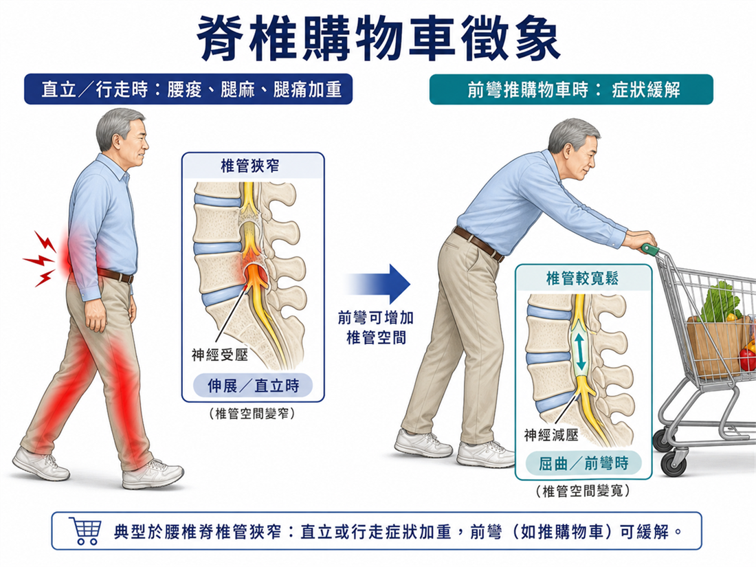 腰椎狹窄購物車徵象示意圖